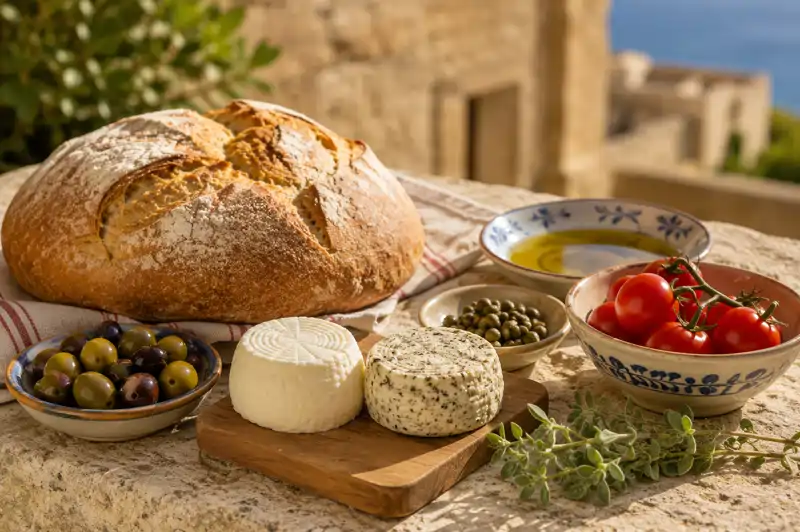 A Maltese table: a crusty loaf, fresh and peppered ġbejniet cheeselets on a board, olives, capers, vine tomatoes and a bowl of olive oil.